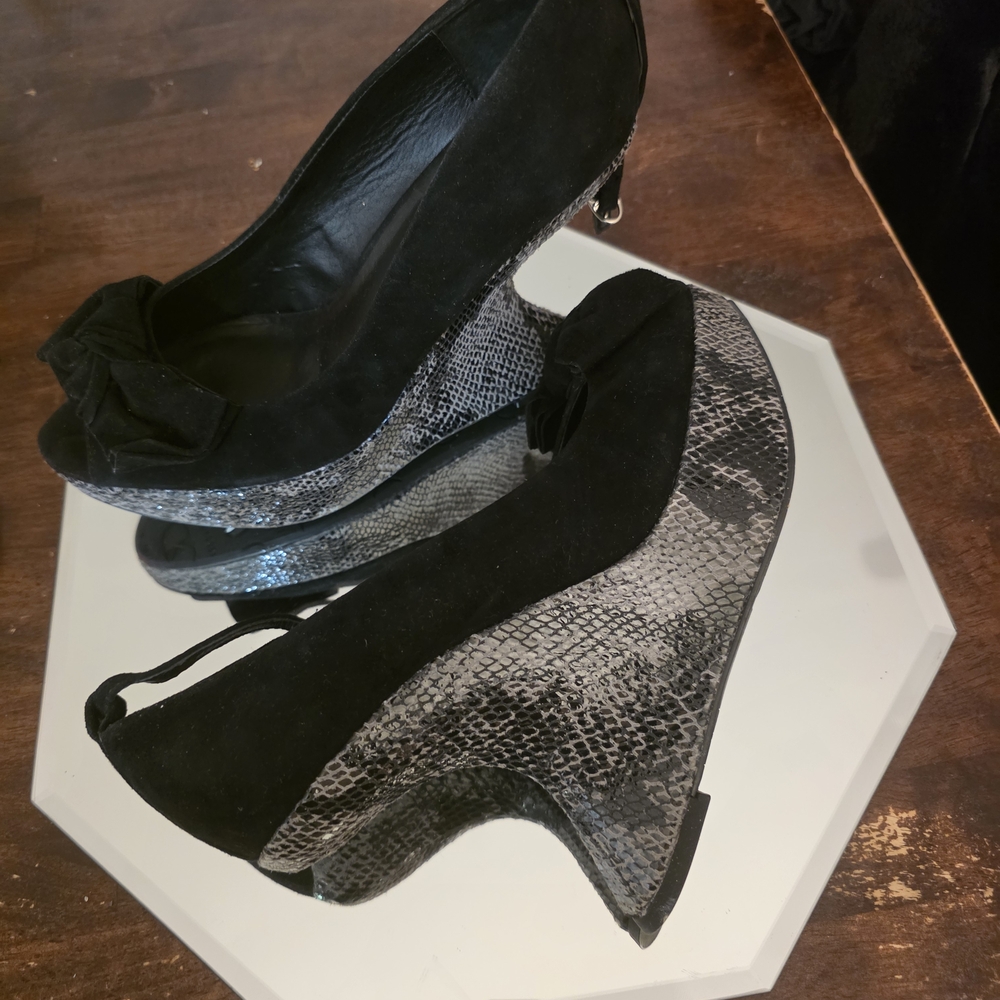Kelsi Dagger Black and Silver Snakeskin Heels